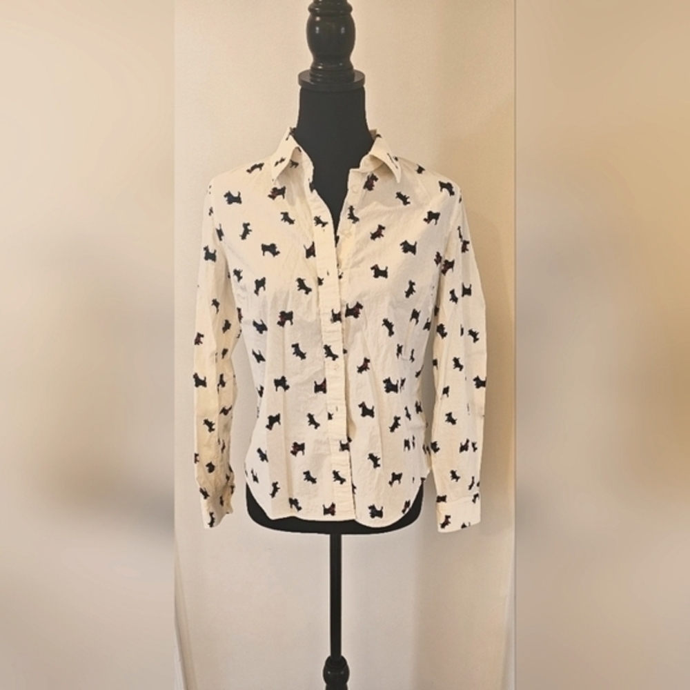 Talbots Scottie Dog Print Button Down Shirt Size Small Ivory Red Bow